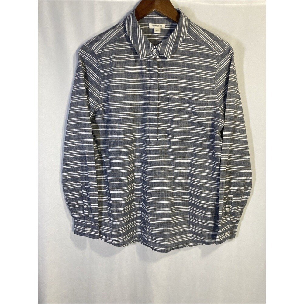 GOODTHREADS white gray stripe half button long sleeve pullover top M
